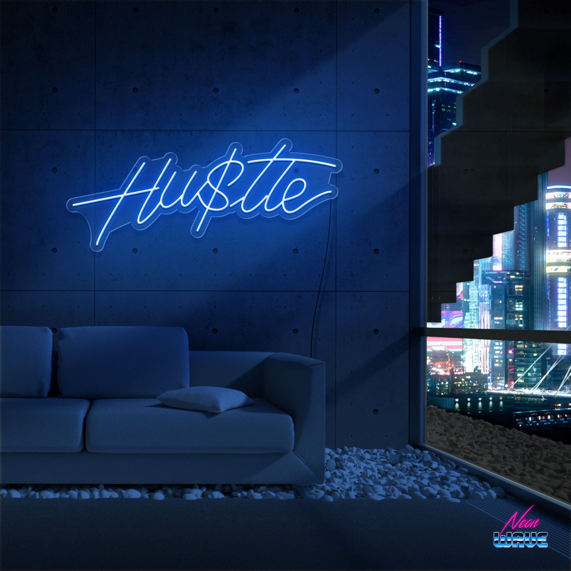 HUSTLE IS REAL Neon Sign Neonwave.ch 50cm Blau 