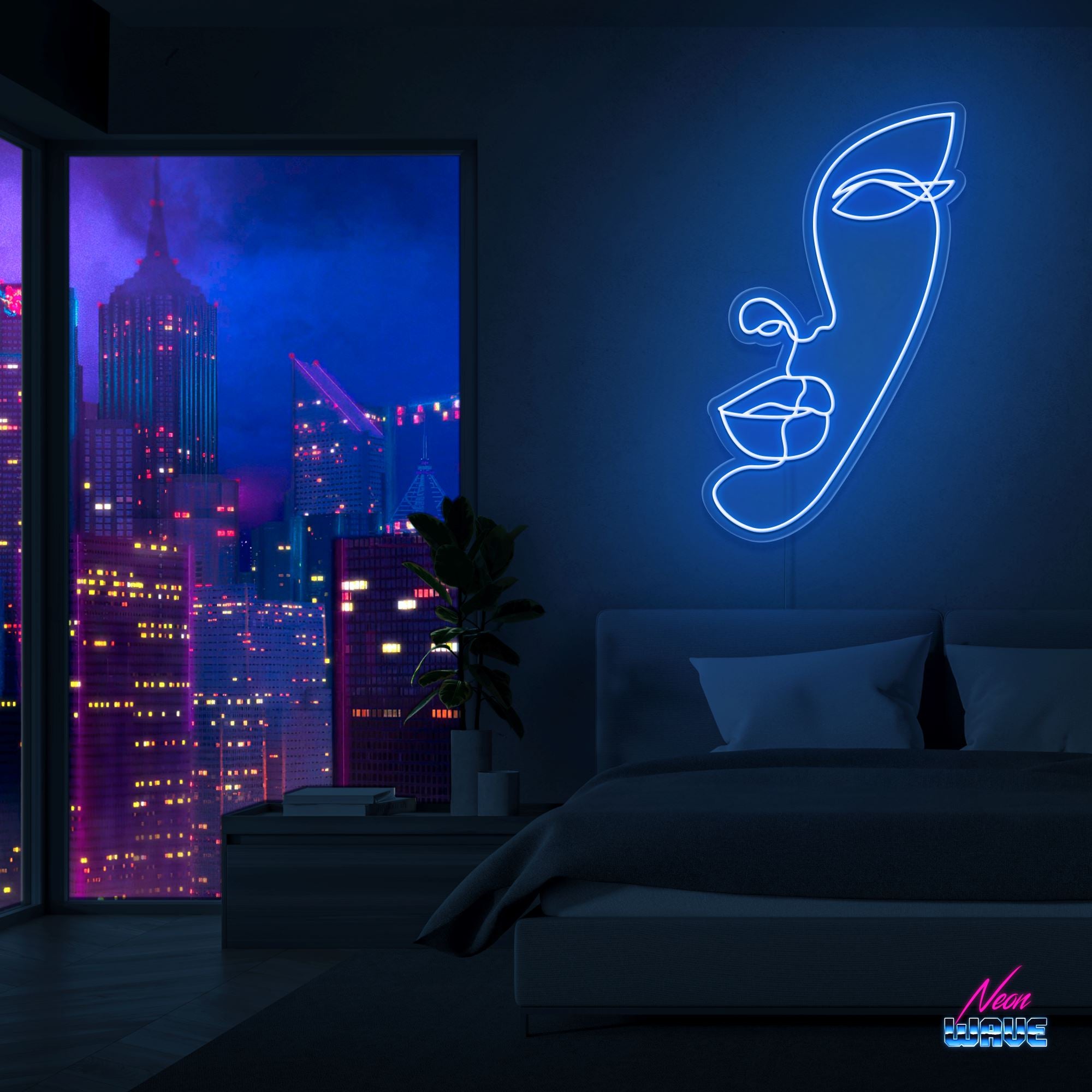 Half face Silhouette Neon Sign Neonwave.ch 75 cm Blau 