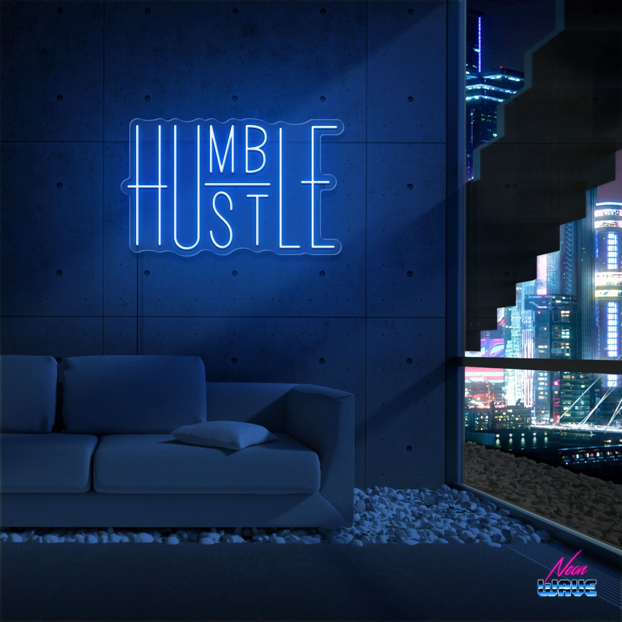 HUMBLE - HUSTLE Neon Sign Neonwave.ch 50cm Blau 