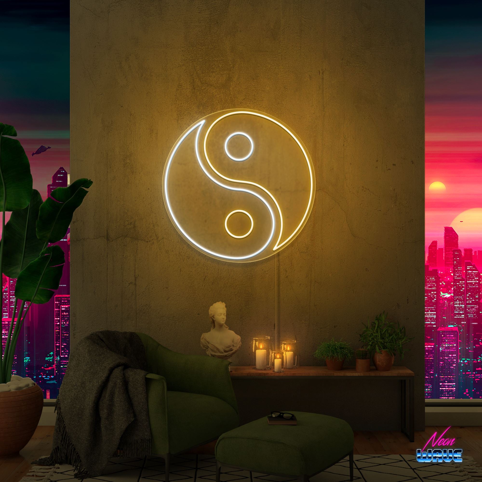 Yin und Yang Neon Sign Neonwave.ch 100 cm Gold und Kaltweiss 