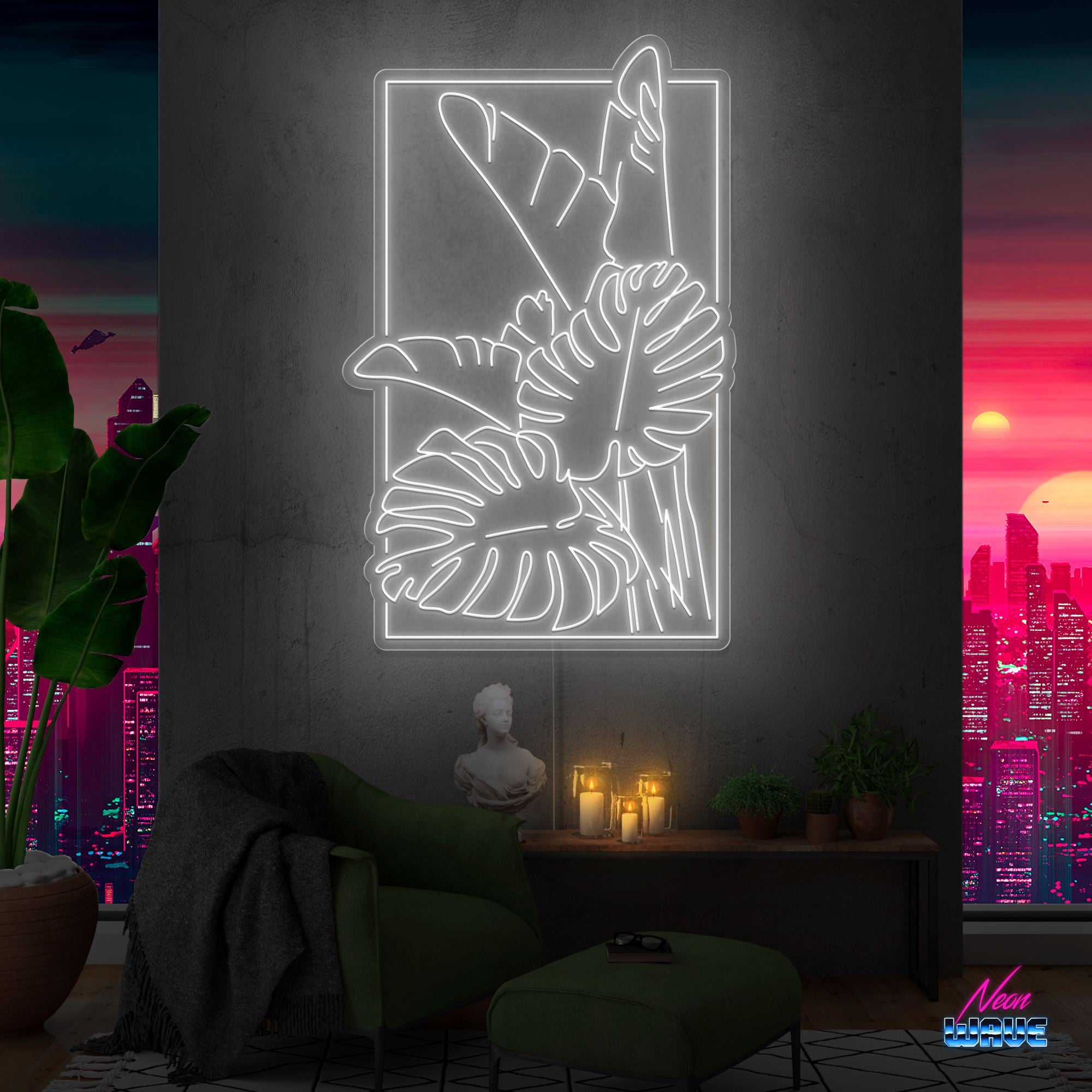 Monstera mit Rand Neon Sign Neonwave.ch 100 cm Kaltweiss 