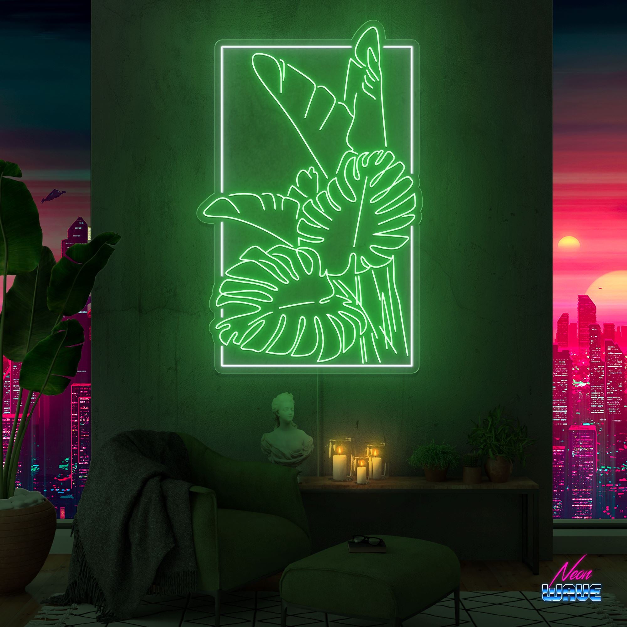 Monstera mit Rand Neon Sign Neonwave.ch 100 cm Kaltweiss mit Grün 