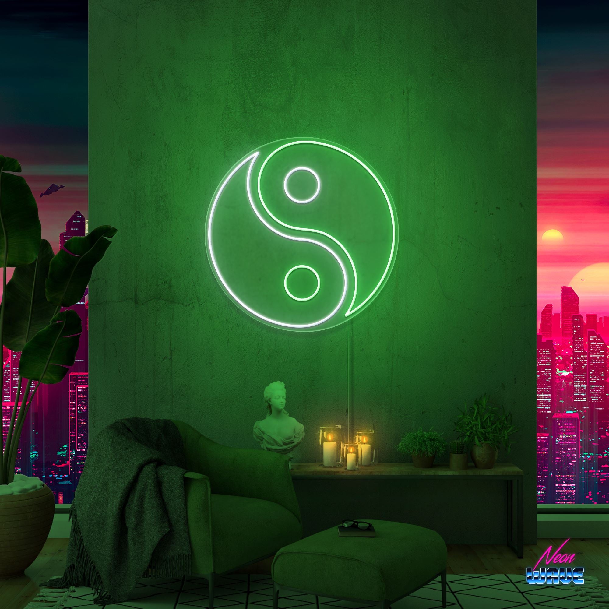 Yin und Yang Neon Sign Neonwave.ch 100 cm Grün und Kaltweiss 