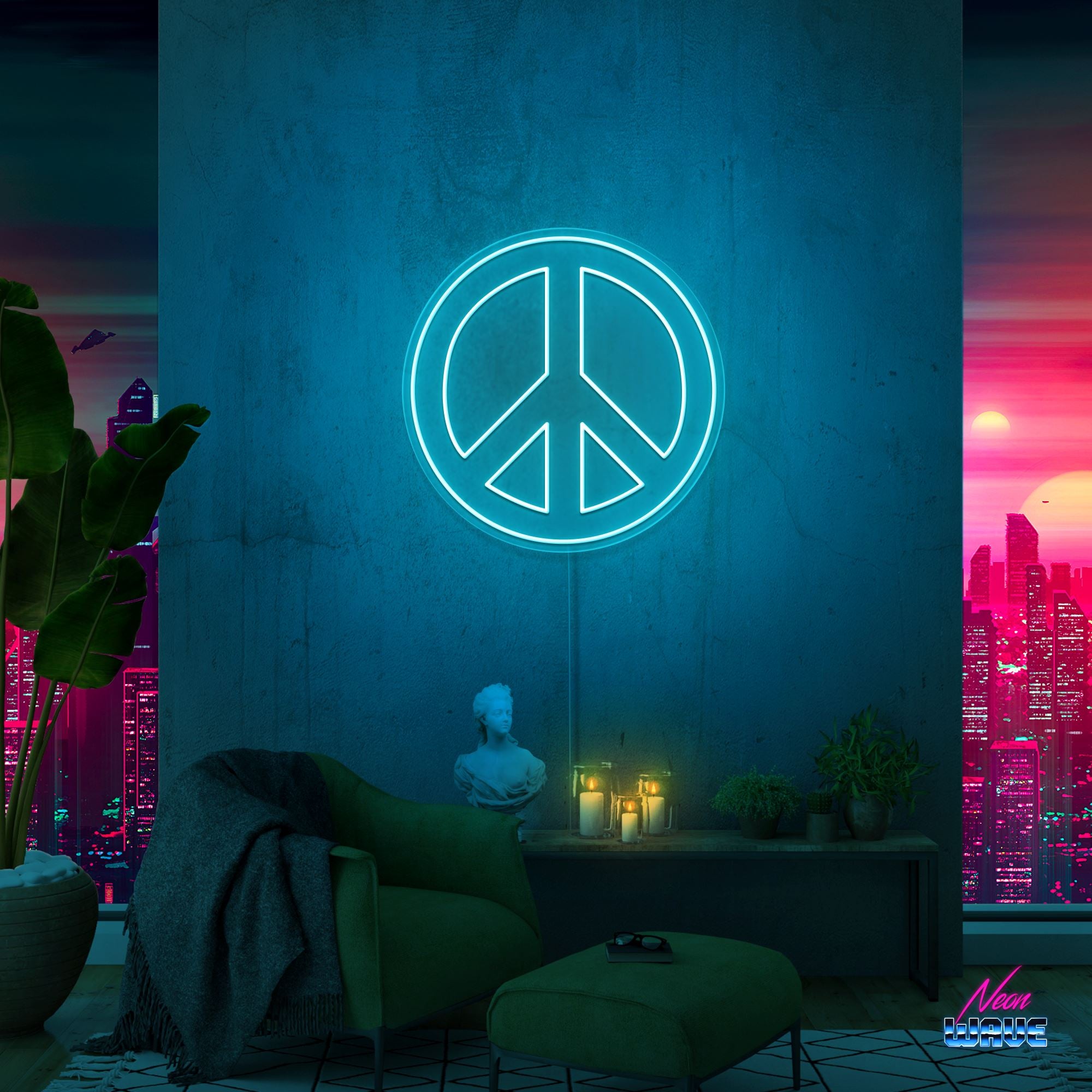 Peace Neon Sign Neonwave.ch 50 cm Hellblau 