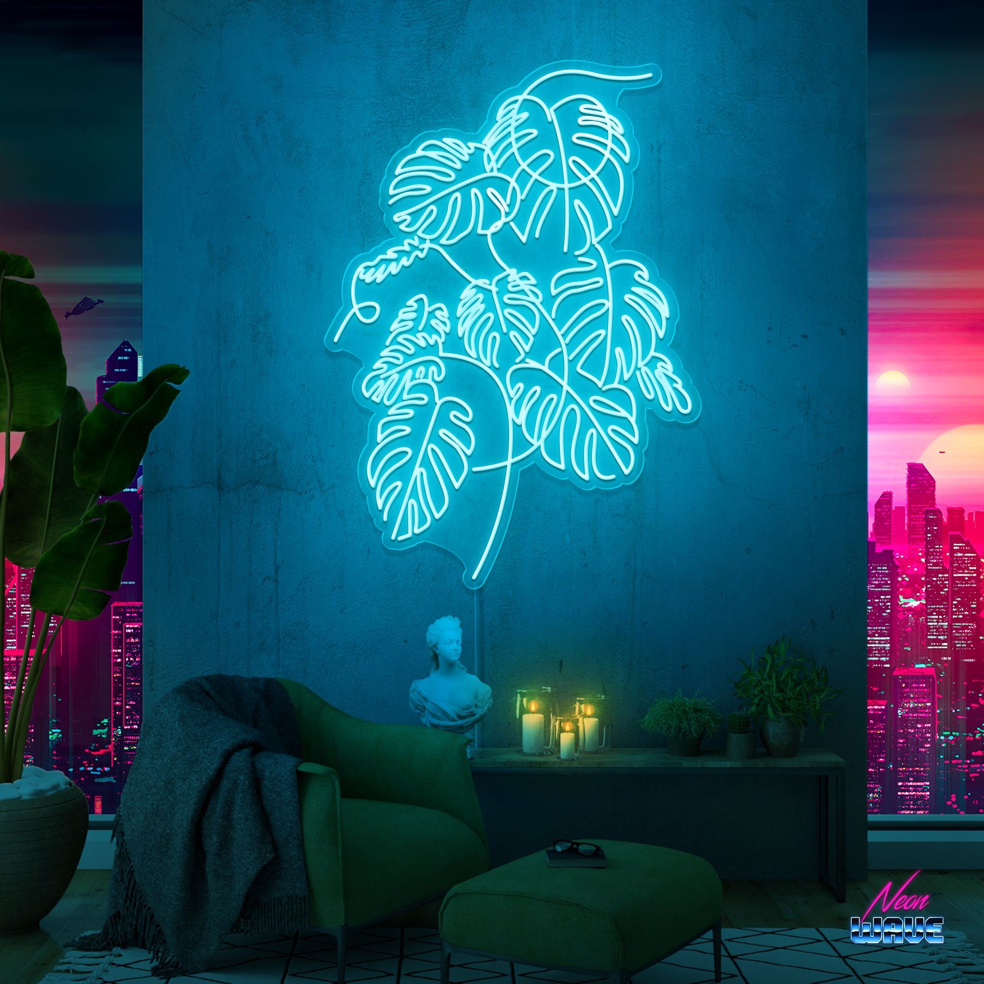 Monstera (150cm) Neon Sign Neonwave.ch Hellblau 