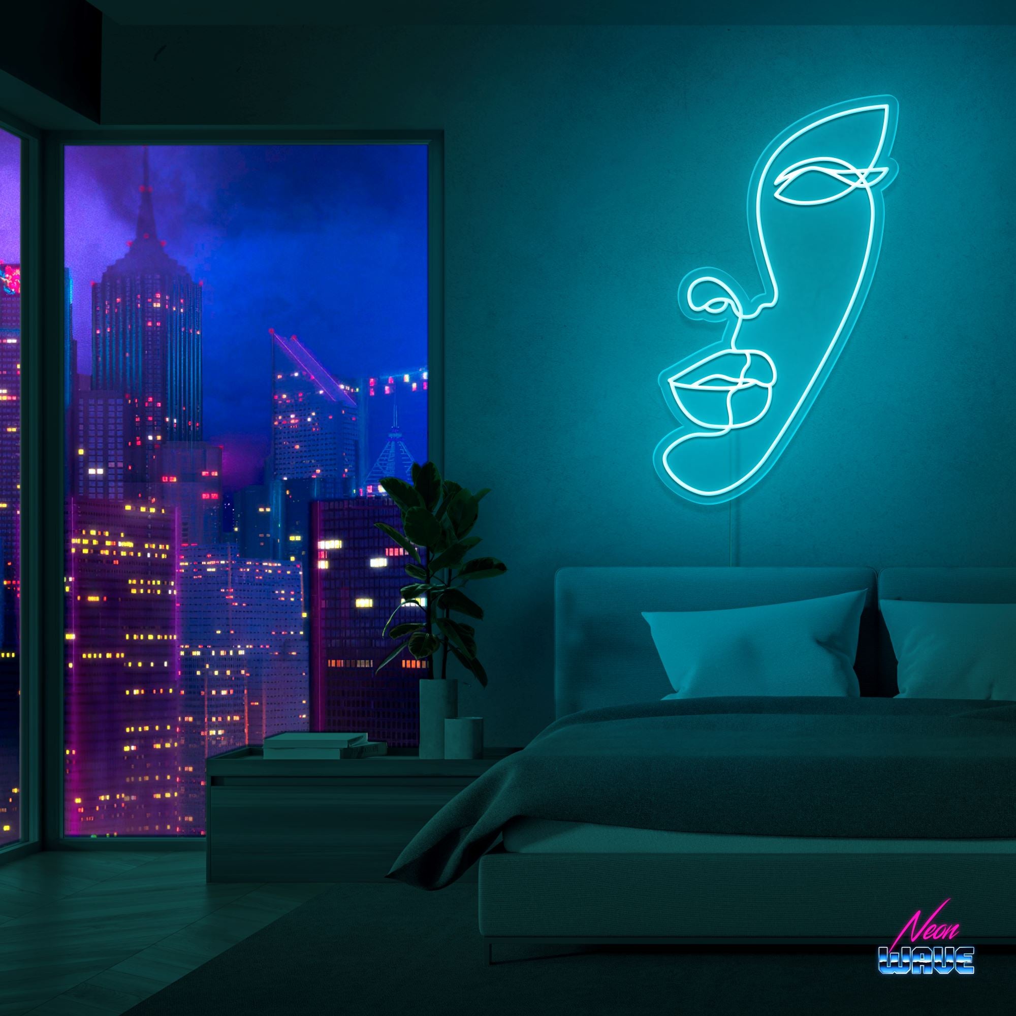 Half face Silhouette Neon Sign Neonwave.ch 75 cm Hellblau 