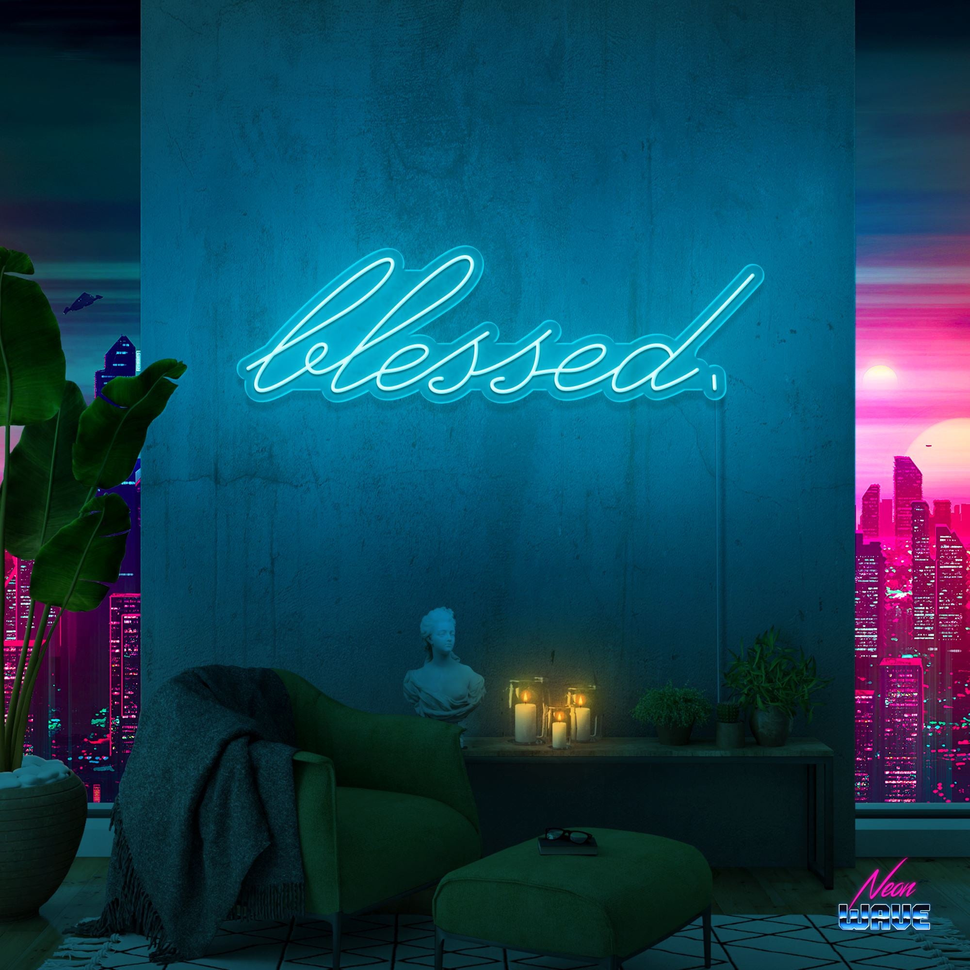 Blessed. Neon Sign Neonwave.ch 75 cm Hellblau 