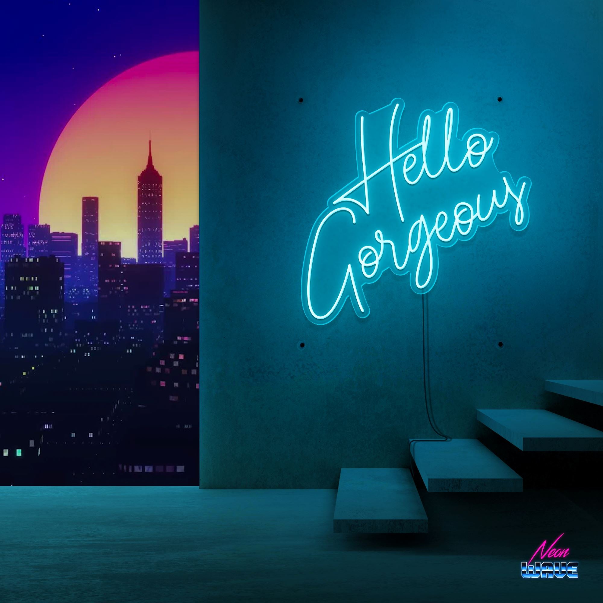 HELLO GORGEOUS Neon Sign Neonwave.ch 75cm Hellblau 