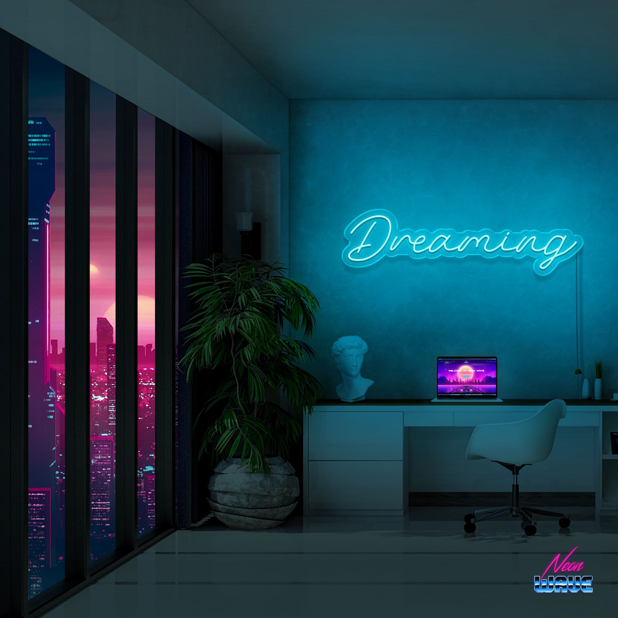 DREAMING Neon Sign Neonwave.ch 75cm Hellblau 