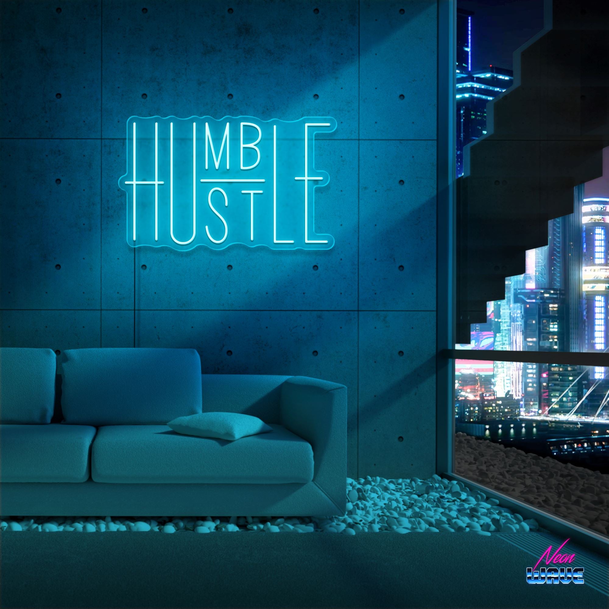 HUMBLE - HUSTLE Neon Sign Neonwave.ch 50cm Hellblau 