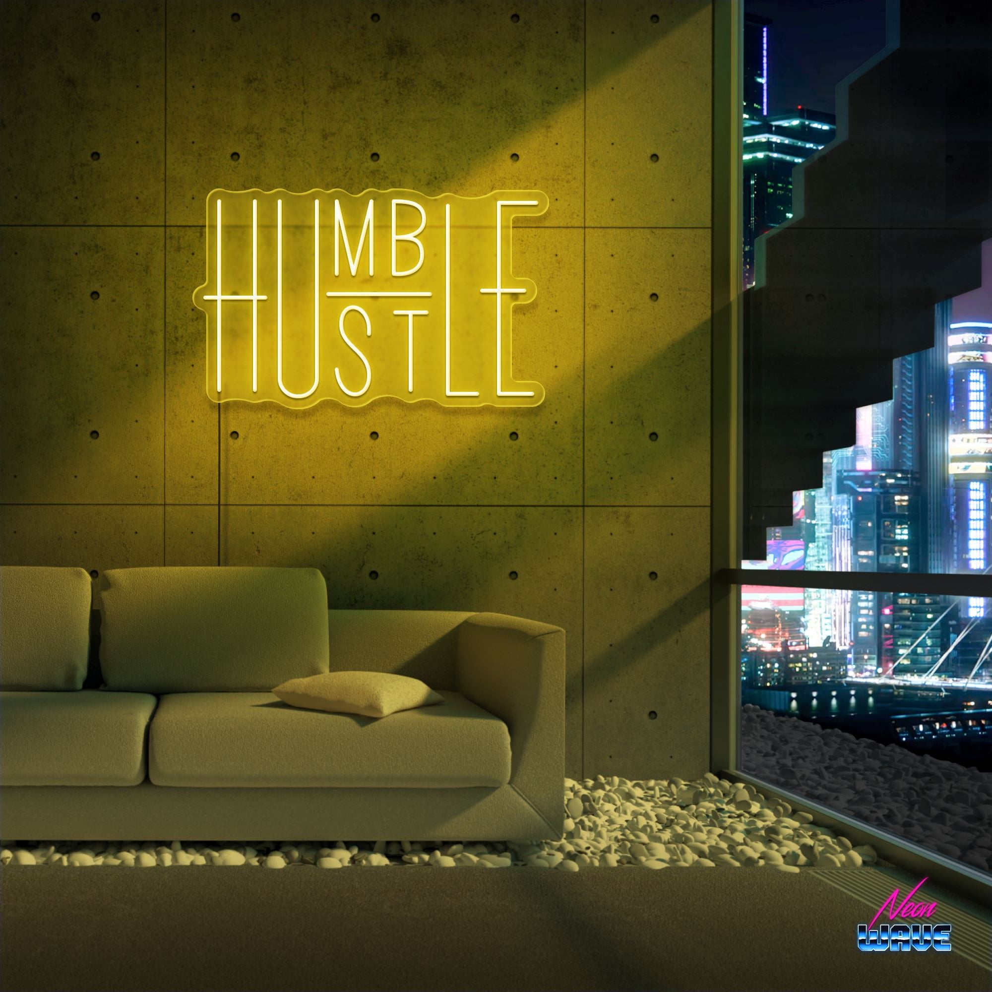 HUMBLE - HUSTLE Neon Sign Neonwave.ch 50cm Gelb 