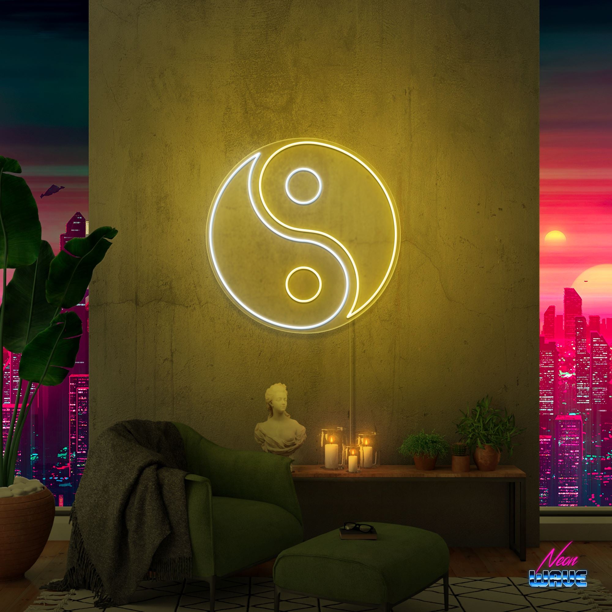 Yin und Yang Neon Sign Neonwave.ch 100 cm Gelb und Kaltweiss 